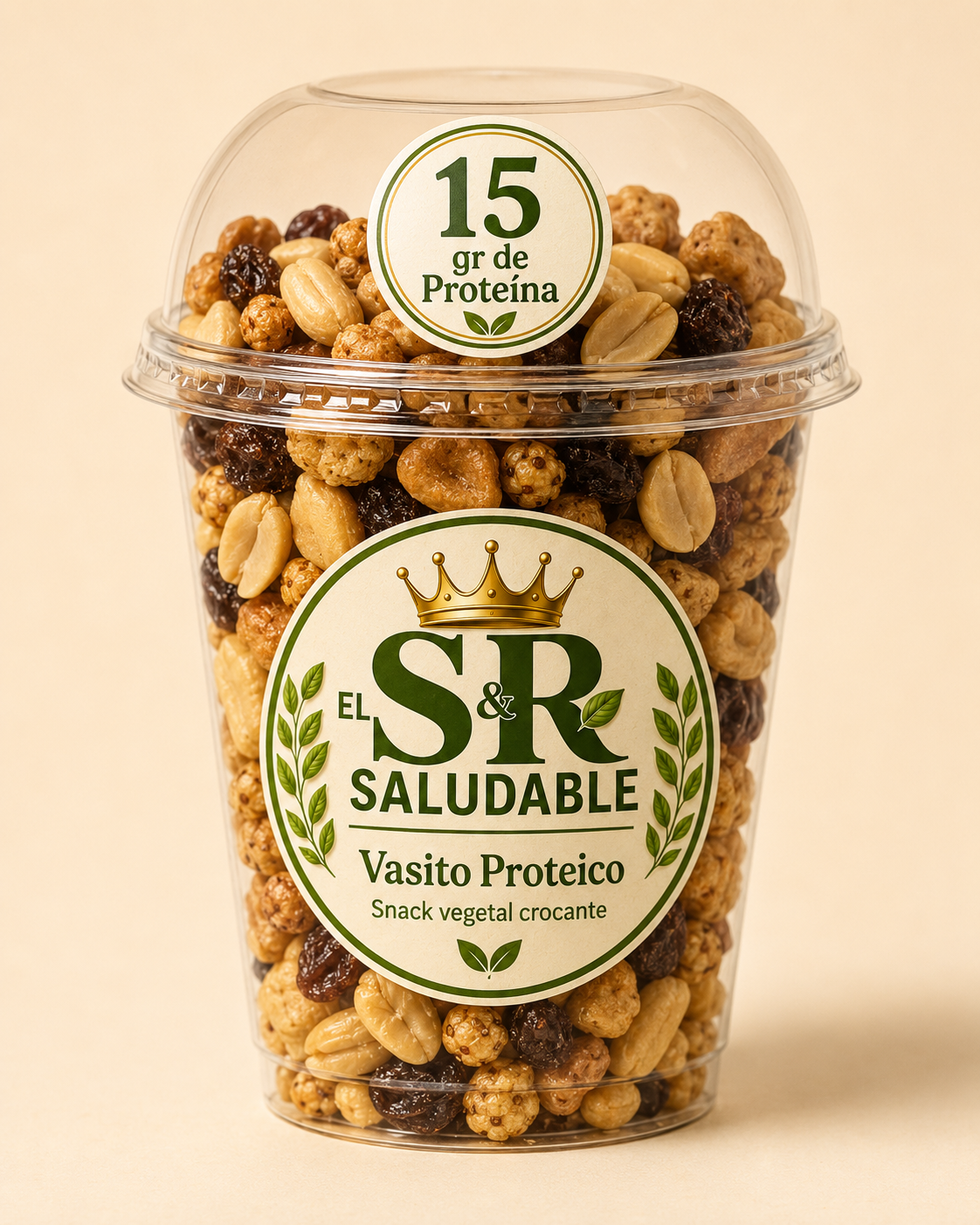 Vasito Proteico El Sr. Saludable con maní, quinoa pop, pasas y soja crocante